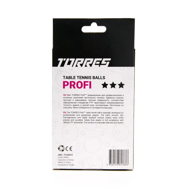 Мяч для наст. тенниса TORRES Profi 3*, TT23012, диам. 40+мм, упак. 6 шт, белый за 338.30 ₽ в Москве